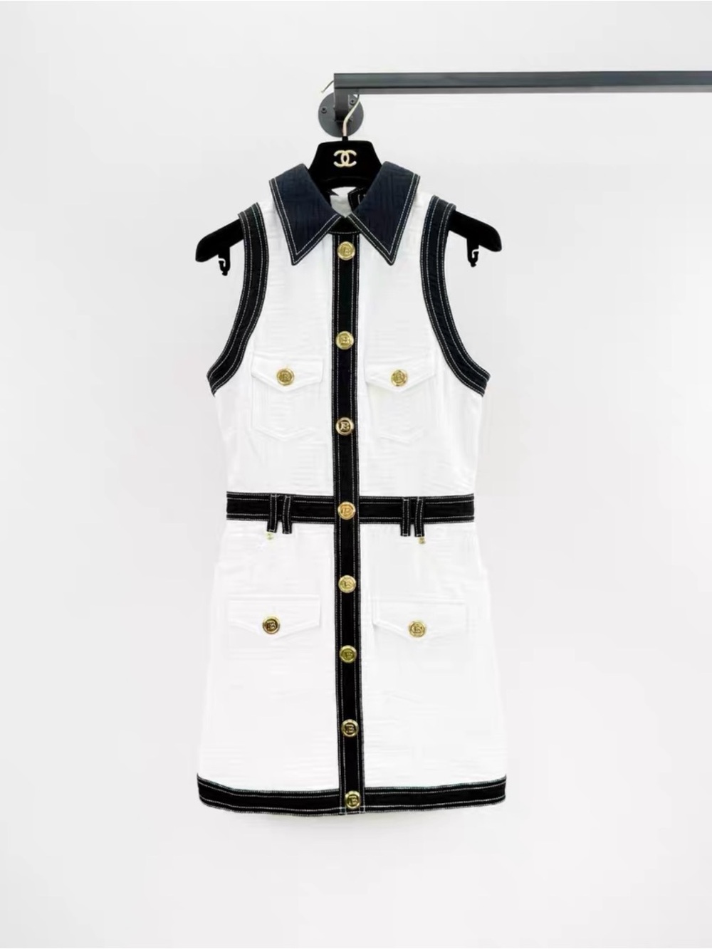 Balmain White Zip-Front Dress with Black Contrast Collar